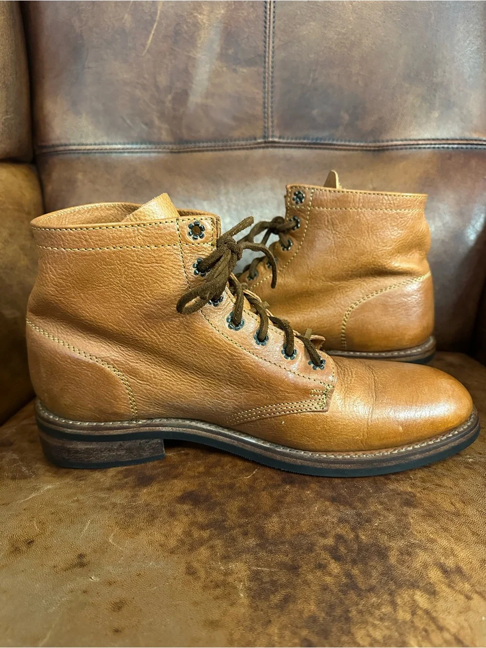J. Artola Brooklyn Pebble Grain Leather Ankle Work Boots Tan / Cognac Men’s 10